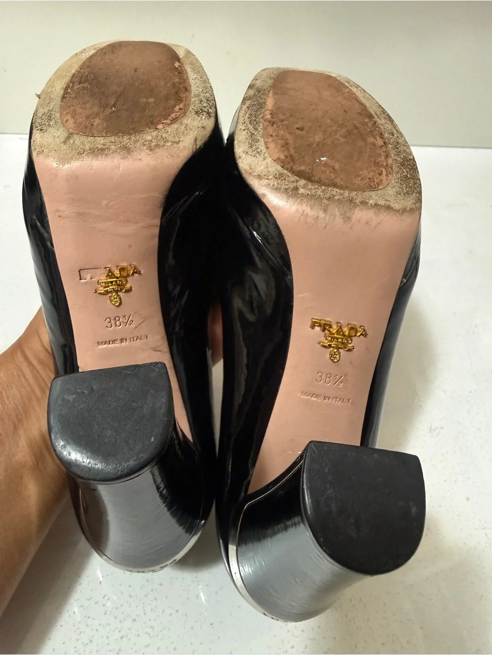 Prada Black Patent Peep-Toe Heels. Chic and very comfy, perfect for wider feet